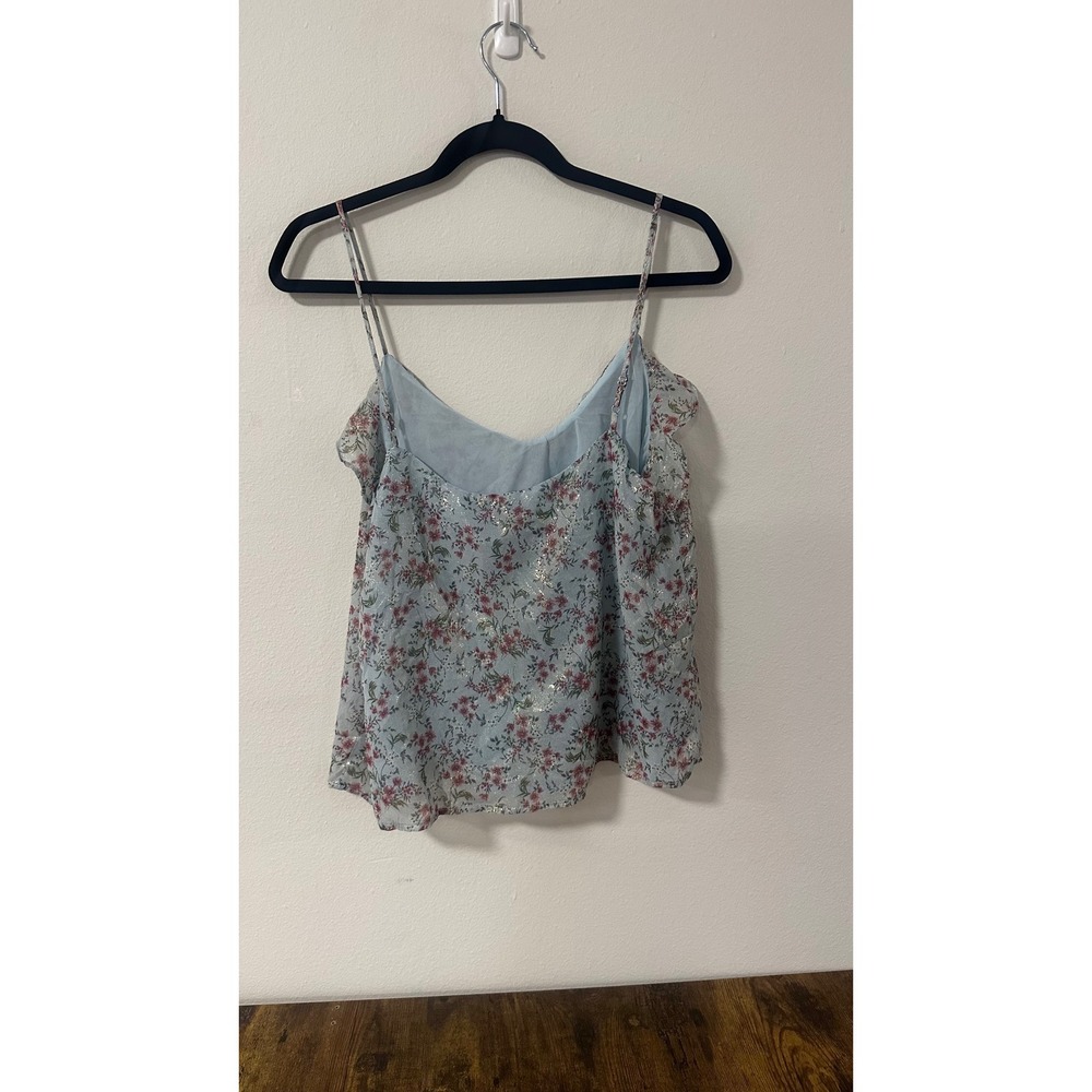Mango Suit Women Floral Metallic Ruffle Cami Top Light Blue Pink Size M NWT - Picture 2 of 3